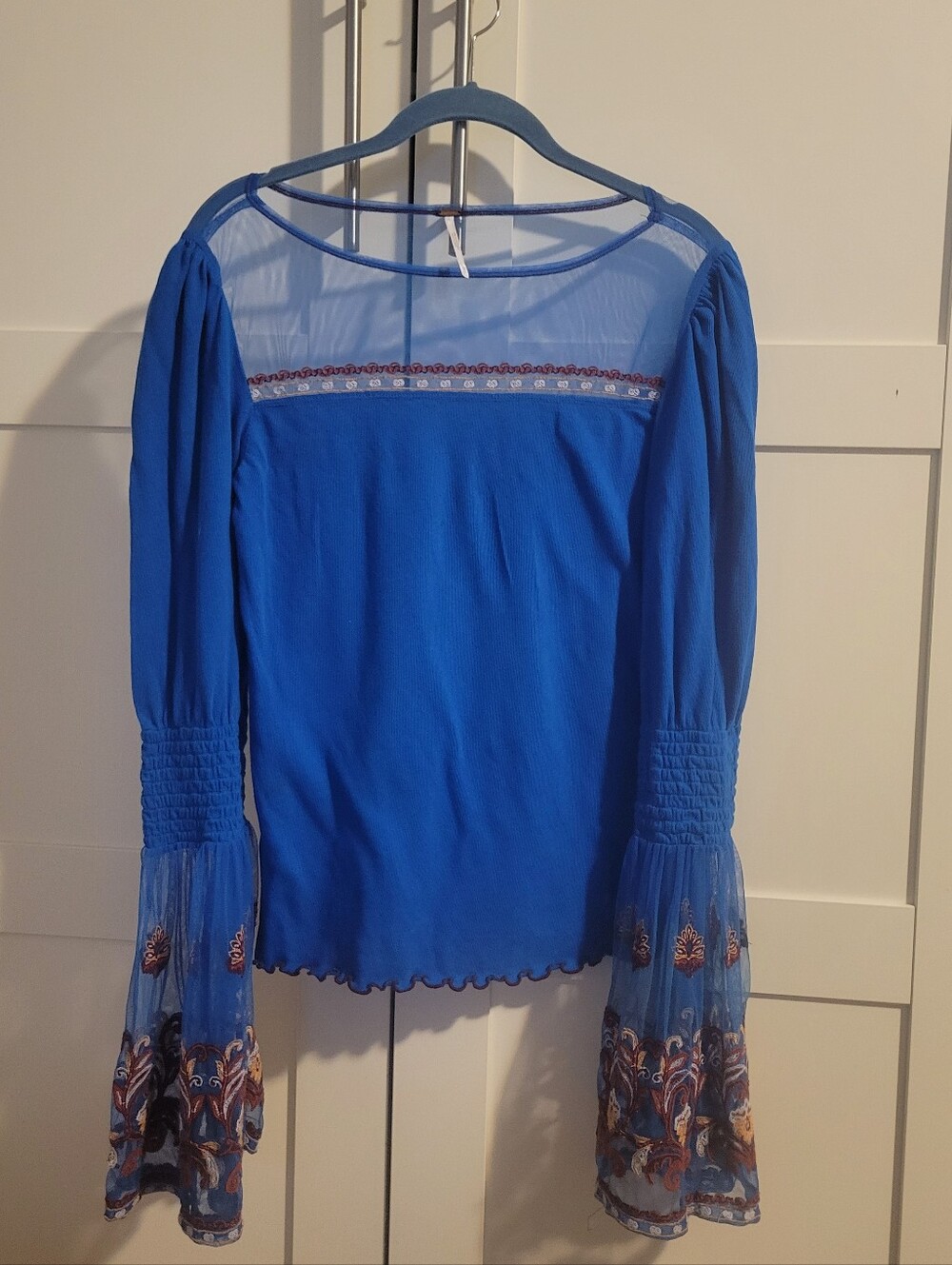 Free People Royal Blue Sheer Yoke Embroidered Bell Sleeve Top